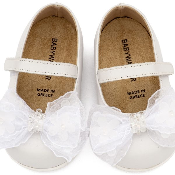 Δερμάτινο Γοβάκι Μονή Μπαρέτα Φιογκάκι Οργάντζας σε Λευκό Χρώμα