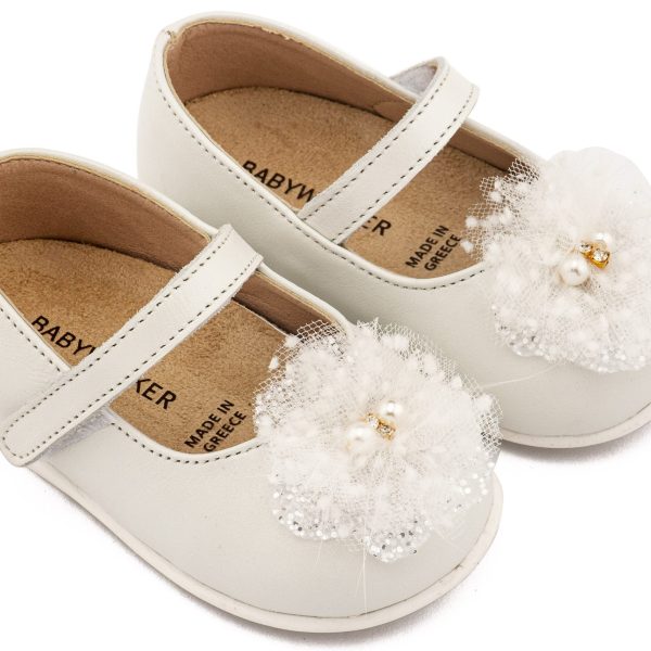 Δερμάτινο Γοβάκι Μονή Μπαρέτα Χειροποίητο Διακοσμητικό απο Τούλι σε Εκρού Χρώμα