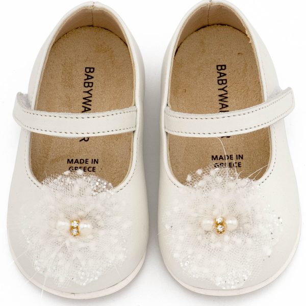 Δερμάτινο Γοβάκι Μονή Μπαρέτα Χειροποίητο Διακοσμητικό απο Τούλι σε Εκρού Χρώμα