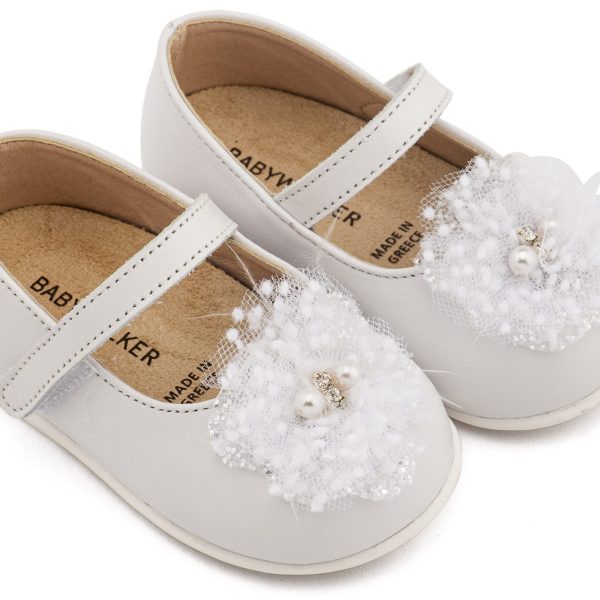 Δερμάτινο Γοβάκι Μονή Μπαρέτα Χειροποίητο Διακοσμητικό απο Τούλι σε Λευκό Χρώμα