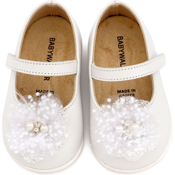 Δερμάτινο Γοβάκι Μονή Μπαρέτα Χειροποίητο Διακοσμητικό απο Τούλι σε Λευκό Χρώμα