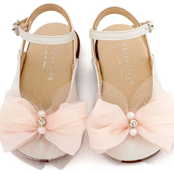 Δερμάτινο Γαλλικό Σαμπό Διακοσμημένο με Φιόγκο Οργάντζας και Στρας σε Εκρού Ροζ Χρώμα