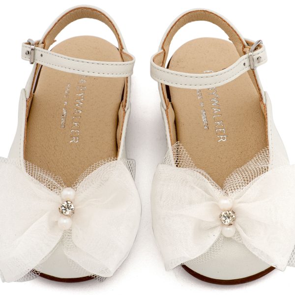 Δερμάτινο Γαλλικό Σαμπό Διακοσμημένο με Φιόγκο Οργάντζας και Στρας σε Εκρού Χρώμα